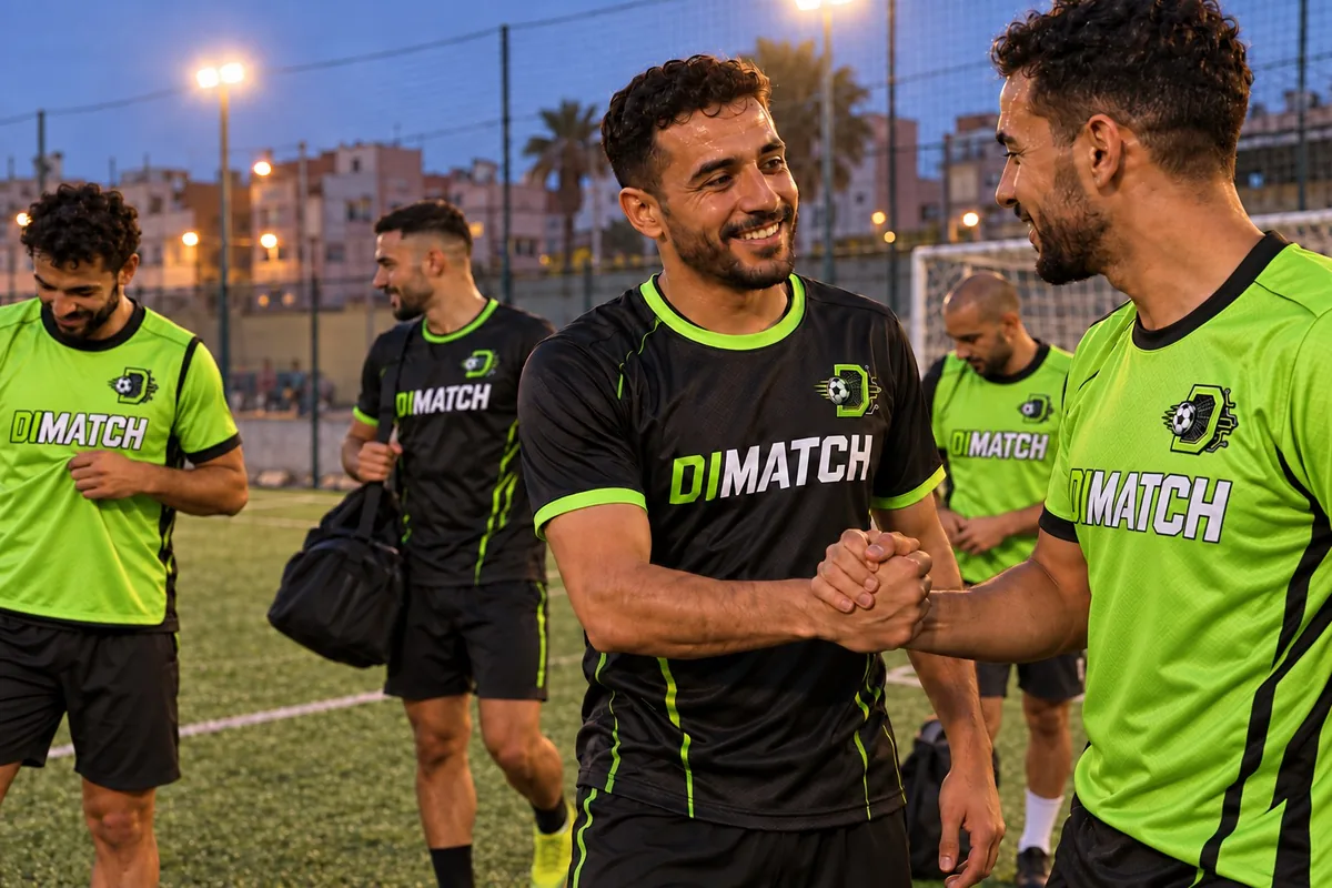 Illustration de joueurs de football amateur DIMATCH qui se saluent avant un match à Casablanca