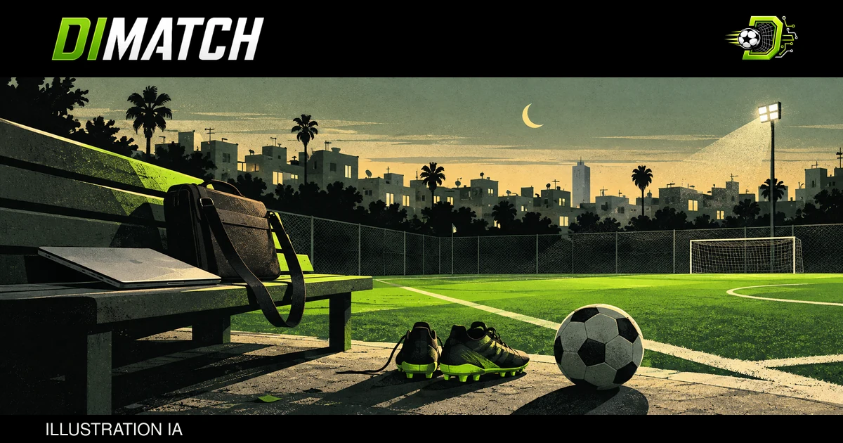 Illustration : ordinateur et sac de travail près de chaussures et d’un ballon, au bord d’un terrain en soirée, avec la marque DIMATCH.