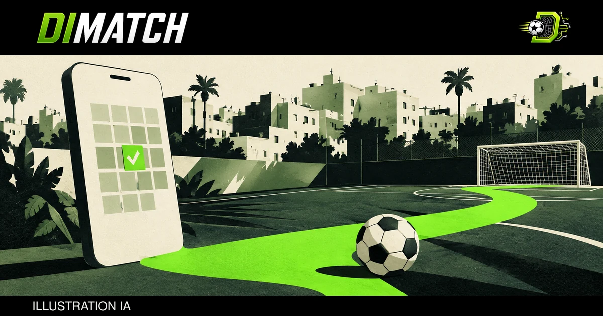 Illustration : un calendrier symbolique sur un téléphone et un chemin vers un terrain, avec le logo et le symbole DIMATCH.