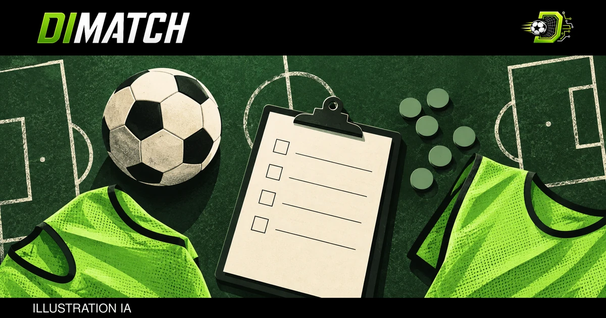 Illustration : une fiche à cocher, un ballon et des chasubles pour préparer un match, avec le logo et le symbole DIMATCH.