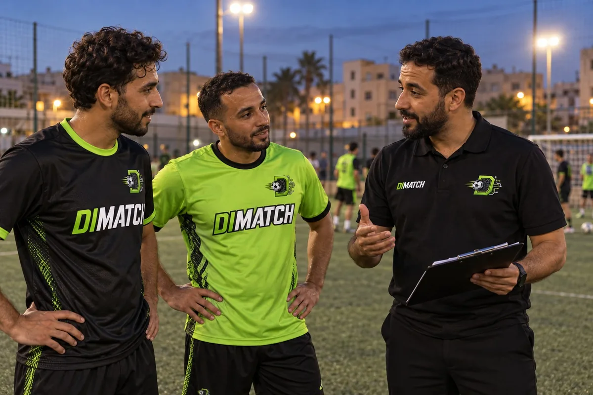 Illustration d’un organisateur DIMATCH accompagnant deux joueurs au bord du terrain de football